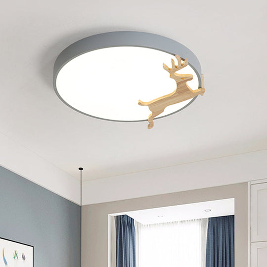 Nordic Style Round Flush Light With Running Deer Pattern - Acrylic Grey/White/Green & Wood Led