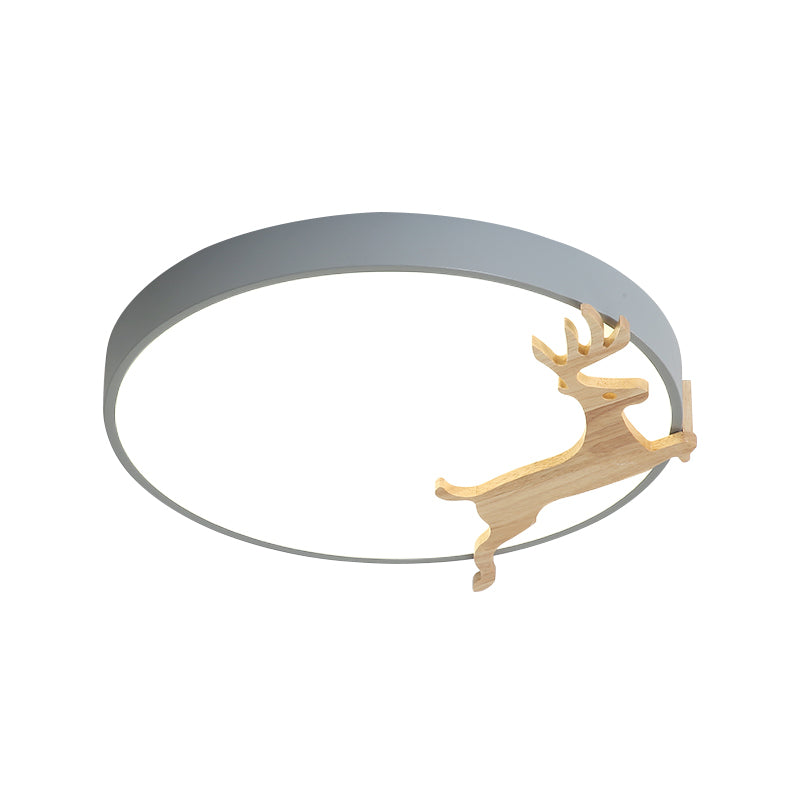 Nordic Style Round Flush Light With Running Deer Pattern - Acrylic Grey/White/Green & Wood Led