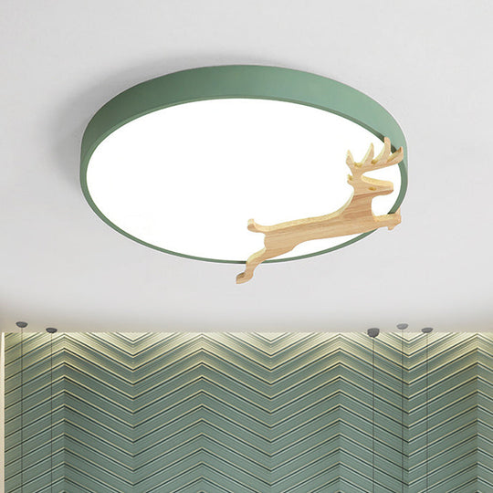 Nordic Style Round Flush Light With Running Deer Pattern - Acrylic Grey/White/Green & Wood Led