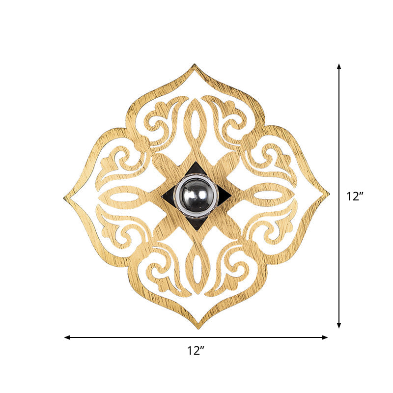 Nordic Wood Wall Light - Paper Cut Flower Design 1-Head Beige Sconce Lamp For Corridor
