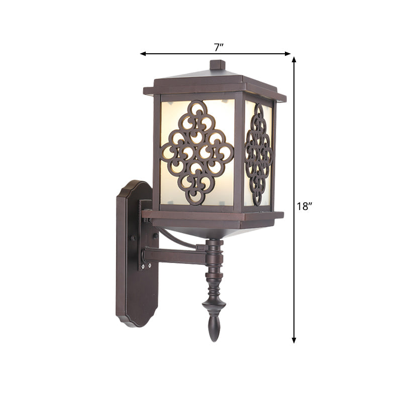 Coffee Cubic Cream Glass Wall Mount Light With Chinese Knot Pattern - 1 Patio Sconce For Cottage