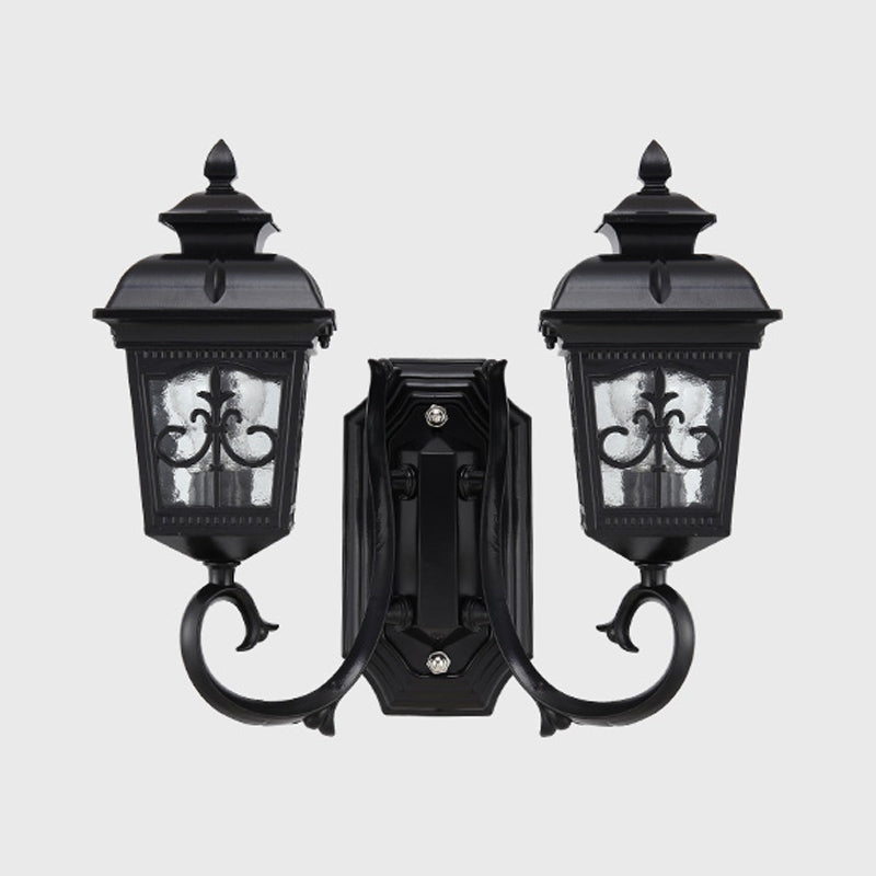 Vintage Black Lantern Wall Mount Lighting With Clear Glass - Curved Arm Design 2 Bulbs