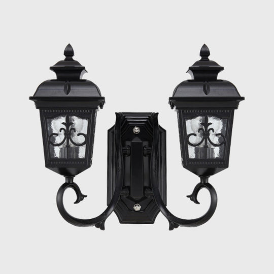 Vintage Black Lantern Wall Mount Lighting With Clear Glass - Curved Arm Design 2 Bulbs
