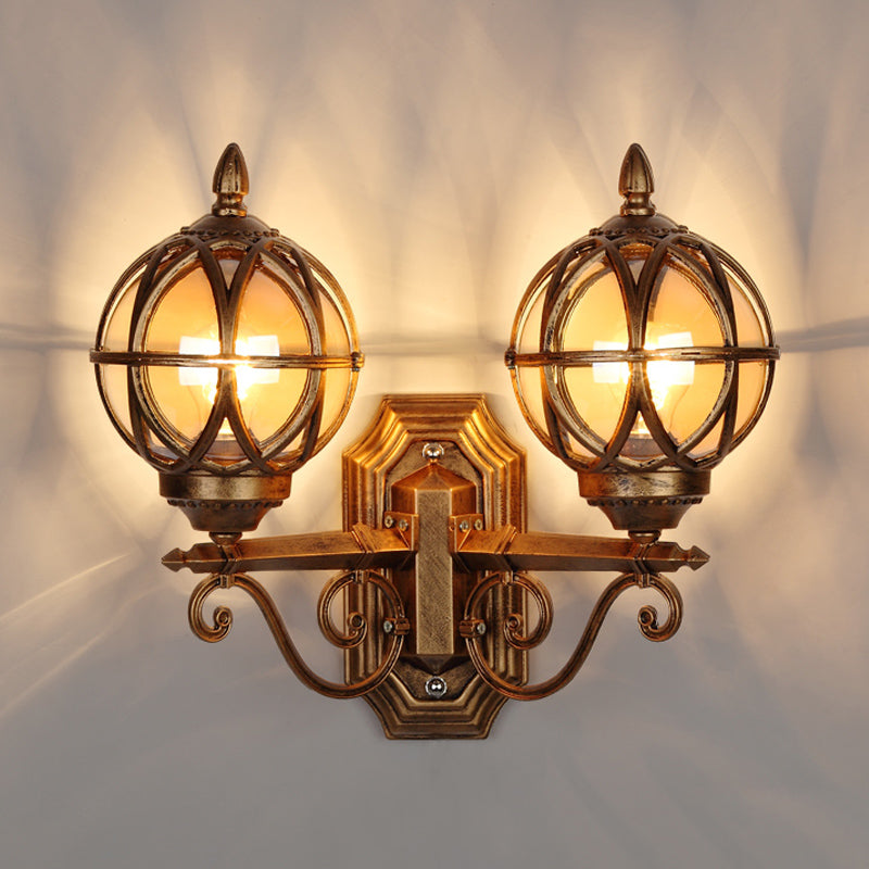 Country Style Black/Bronze Spherical Wall Lighting With Amber Glass - 2-Bulb Patio Surface Sconce