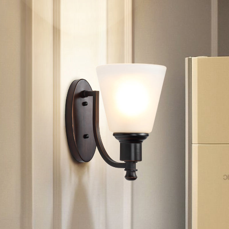Vintage Conical Milk Glass Wall Sconce Light Fixture In Black For Living Room