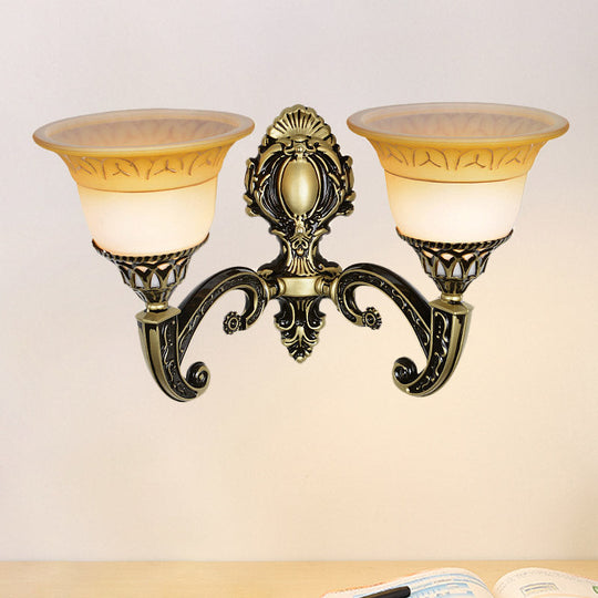 Classic Brass Wall Sconce Light Fixture With Frosted Glass - Flared Design Bedroom Lamp