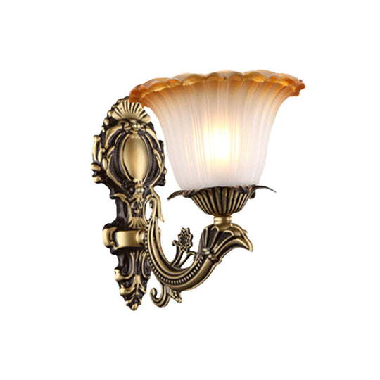 Vintage Floral Wall Sconce With Frosted Glass And Carved Brass Arm