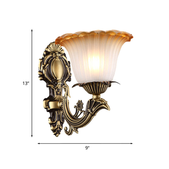 Vintage Floral Wall Sconce With Frosted Glass And Carved Brass Arm