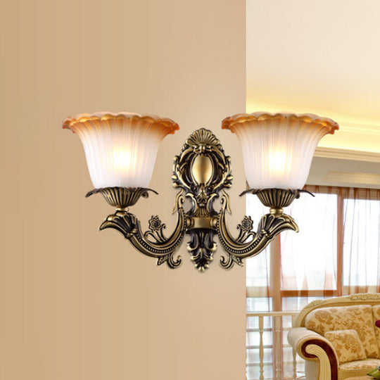 Vintage Floral Wall Sconce With Frosted Glass And Carved Brass Arm