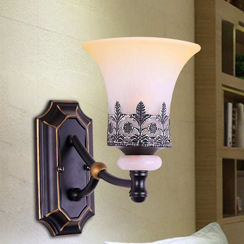 Frosted Glass Flared Up Wall Lamp - Classic 1-Light Black Sconce With Leaf Deco