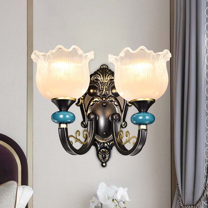 Vintage Floral Wall Sconce With Frosted Glass Shade - Bronze Metal Curvy Arm Bedroom Décor 2 /