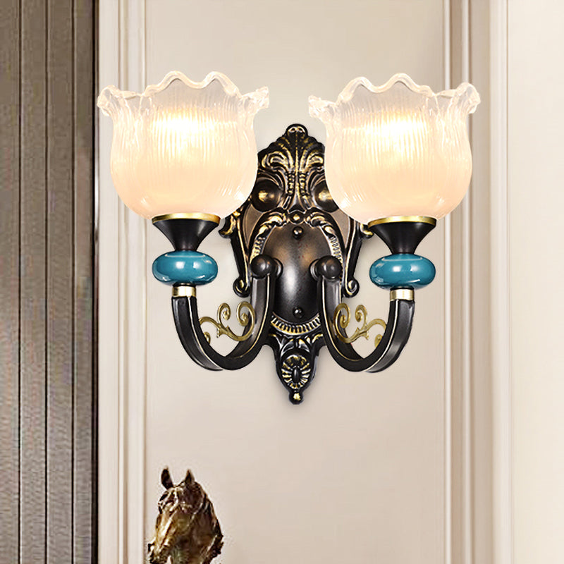 Vintage Floral Wall Sconce With Frosted Glass Shade - Bronze Metal Curvy Arm Bedroom Décor