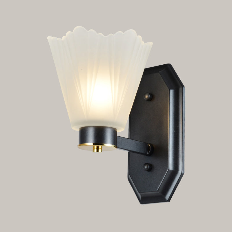 Retro Tapered Milk Glass Wall Light With Metal Straight Arm - Black Finish Perfect For Living Room