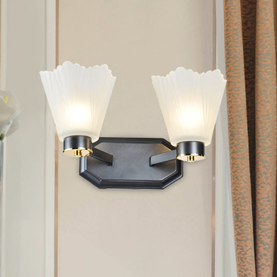 Retro Tapered Milk Glass Wall Light With Metal Straight Arm - Black Finish Perfect For Living Room
