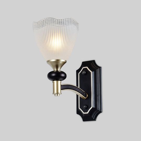 Traditional Flower Wall Light With Prismatic White Glass Sconce Lamp In Black