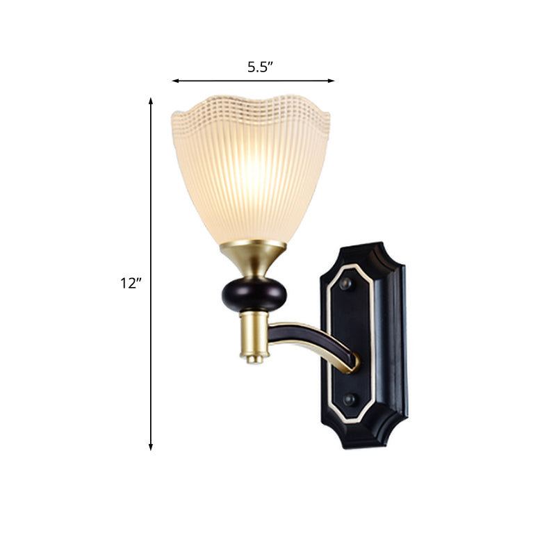 Traditional Flower Wall Light With Prismatic White Glass Sconce Lamp In Black