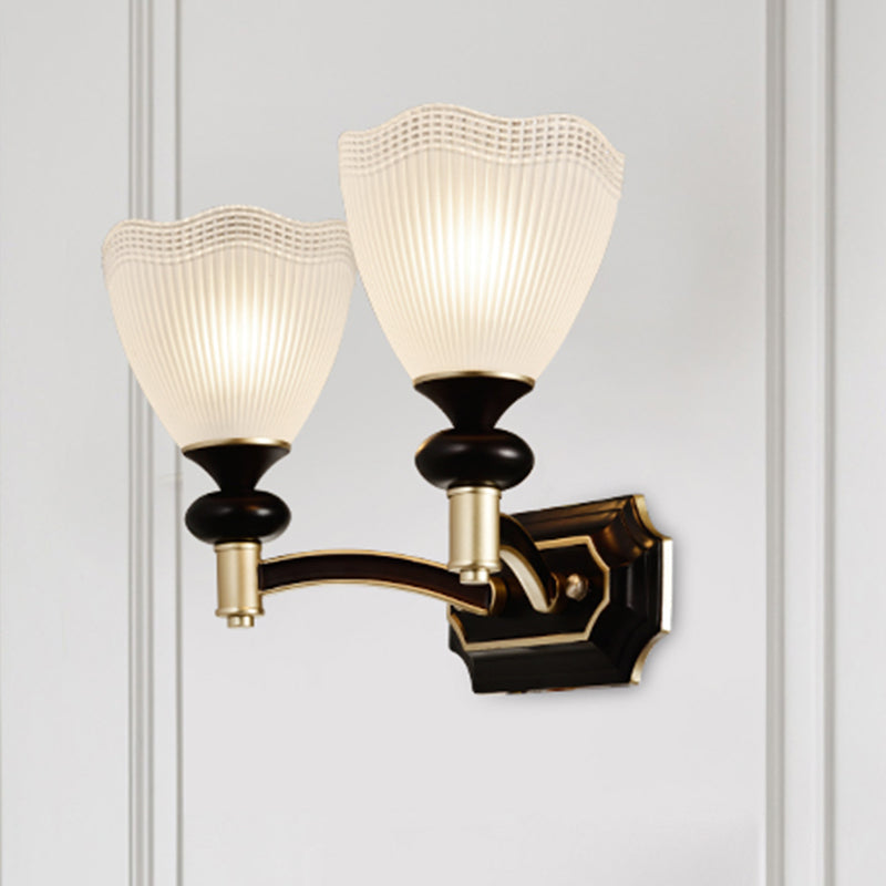 Traditional Flower Wall Light With Prismatic White Glass Sconce Lamp In Black