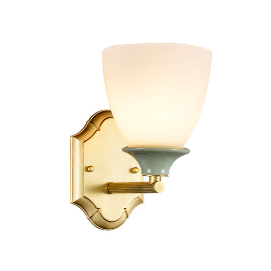 Gold Cream Glass Wall Lamp - Traditional Light With Straight Arm And Single Bulb