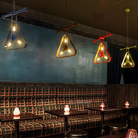 Vintage Style Wire Frame Chandelier Lamp - Black/Red Metallic 3 Heads Triangle Hanging Ceiling