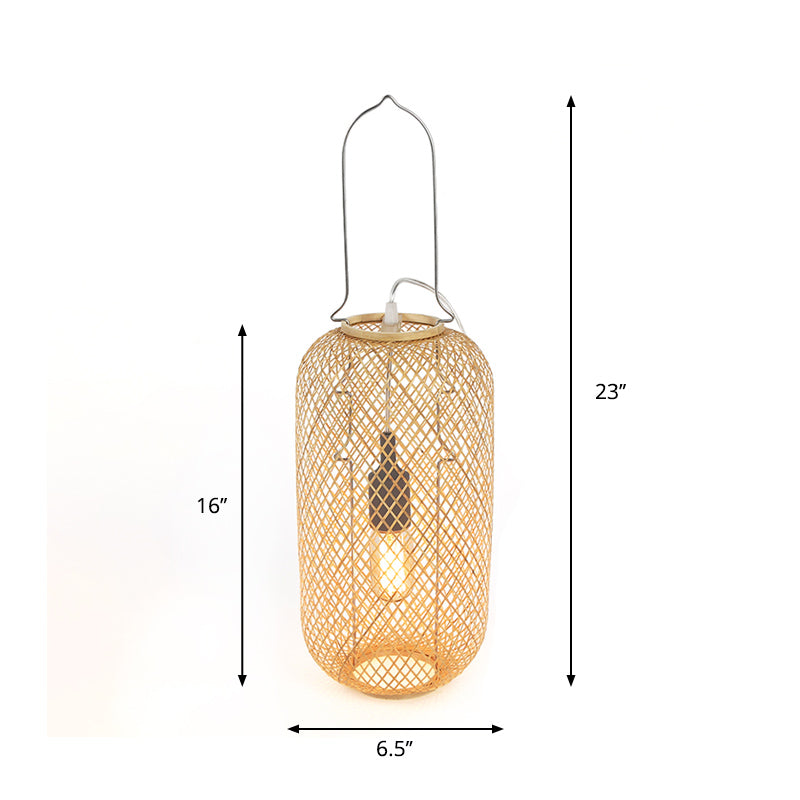 1-Head Asian-Style Flaxen Cylinder Cage Nightstand Lamp With Bamboo Rattan Shade