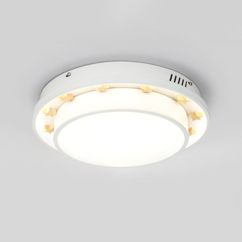 White Led Flush Mount Lamp With Modern Metallic Finish & Wooden Star Deco