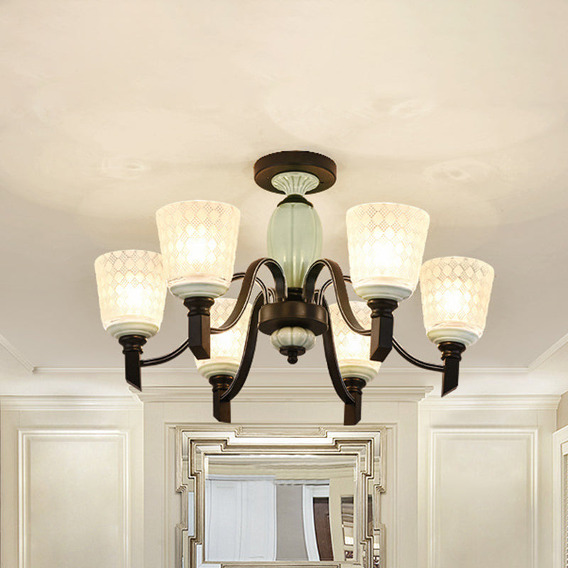 Antique Frosted Glass Conical Dining Room Semi Flush Ceiling Mount Light With 3/6 Bulbs - Black 6 /