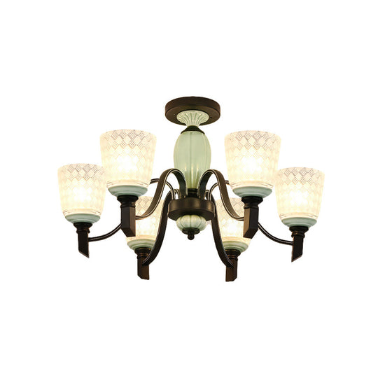 Antique Frosted Glass Conical Dining Room Semi Flush Ceiling Mount Light With 3/6 Bulbs - Black