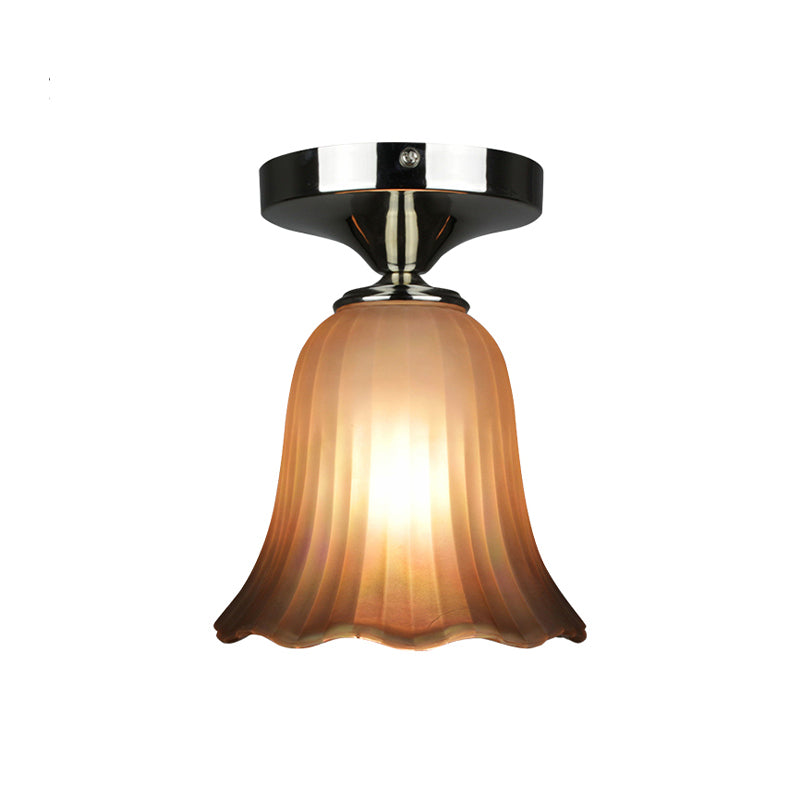 Traditional Tan Glass Flower Flushmount Foyer Lighting Fixture - 1 Bulb Flush Mount