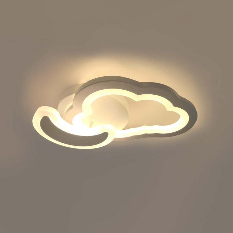 White Nordic Led Semi - Flush Foyer Lamp With Airplane Moon And Cloud Design