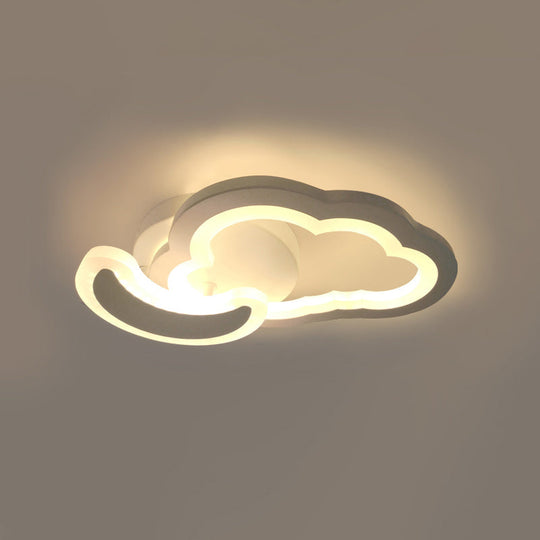 White Nordic Led Semi - Flush Foyer Lamp With Airplane Moon And Cloud Design