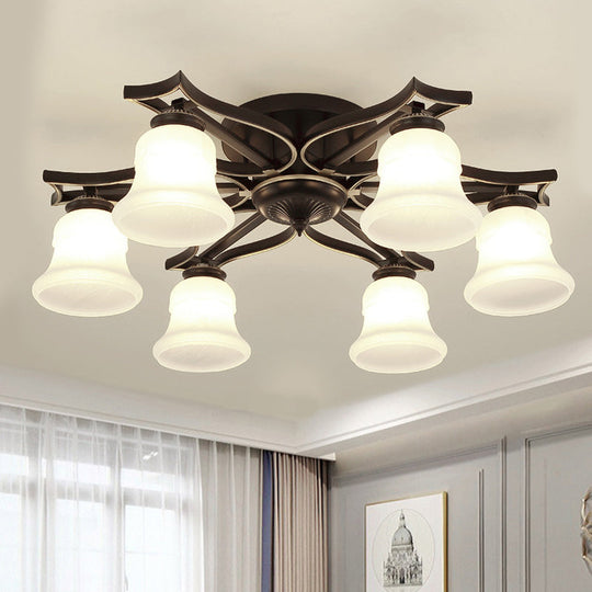 Vintage Bell Milk White Glass Flushmount Lighting: 6-Bulb Ceiling Mounted Fixture In Black