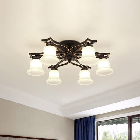 Vintage Bell Milk White Glass Flushmount Lighting: 6-Bulb Ceiling Mounted Fixture In Black