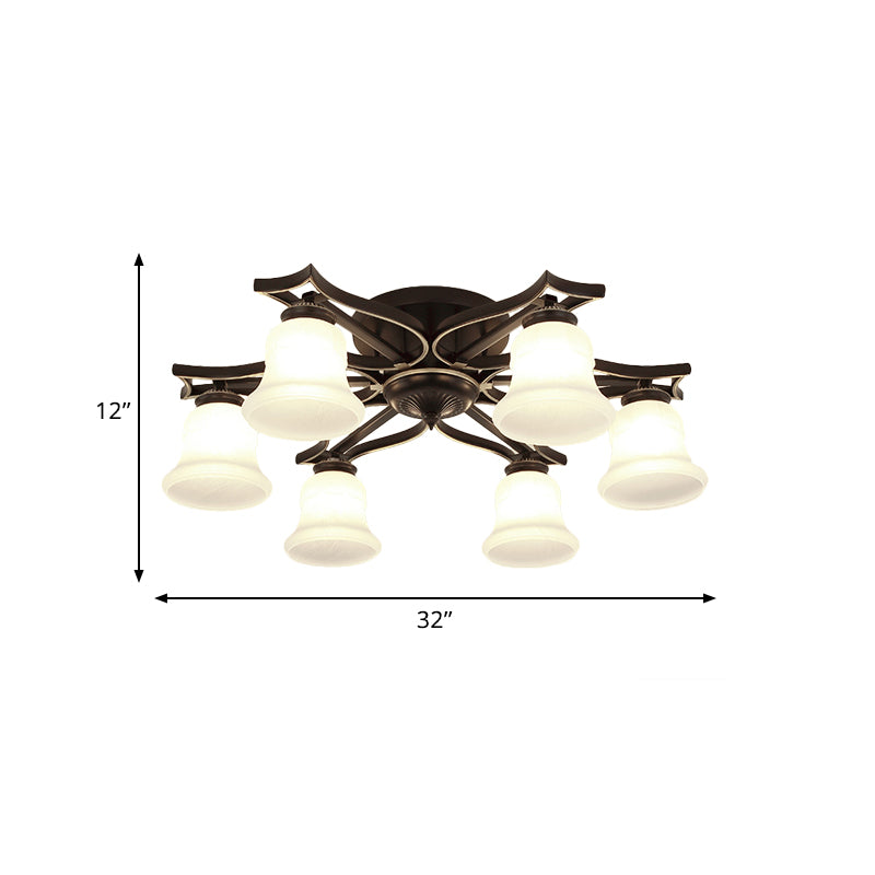 Vintage Bell Milk White Glass Flushmount Lighting: 6-Bulb Ceiling Mounted Fixture In Black