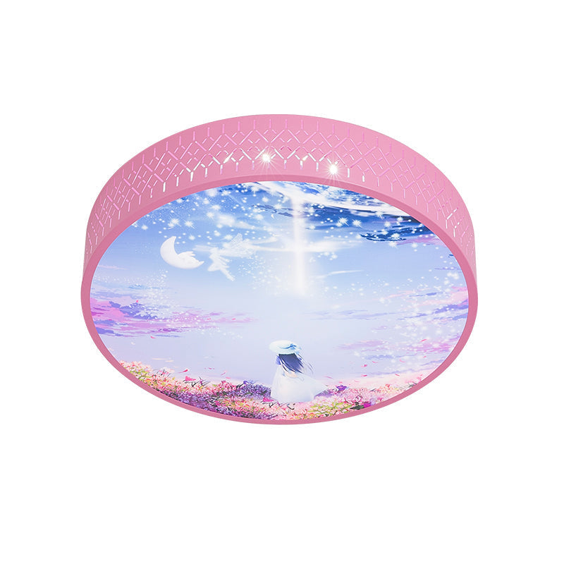 Led Flush-Mount Ceiling Light: Pink Girl Under Starry Sky Design With Acrylic Shade And Laser Cut