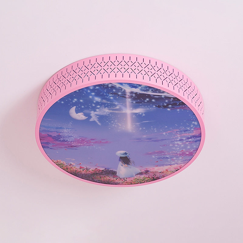 Led Flush-Mount Ceiling Light: Pink Girl Under Starry Sky Design With Acrylic Shade And Laser Cut