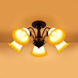 Bronze Countryside Blossom Ceiling Mount Light Fixture With Frosted Glass For Bedroom - 3/5 Lights