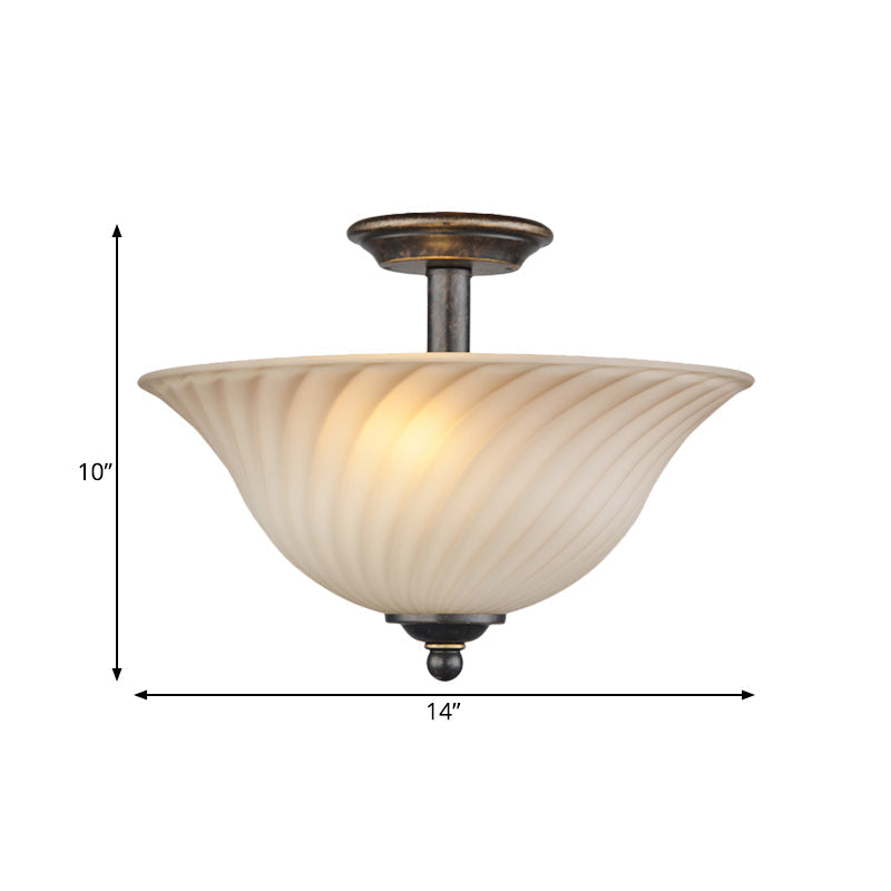 Semi Flush Mount 3 - Head White Glass Light In Countryside Bronze Finish - Ideal For Curved Bedroom