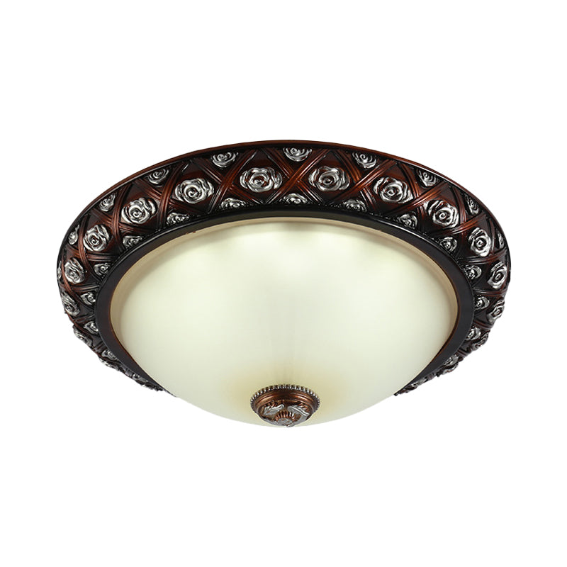 Rustic Bowl White Glass Flush Mount Lamp With Rose Pattern Trim - 2/3 - Bulb Light Fixture