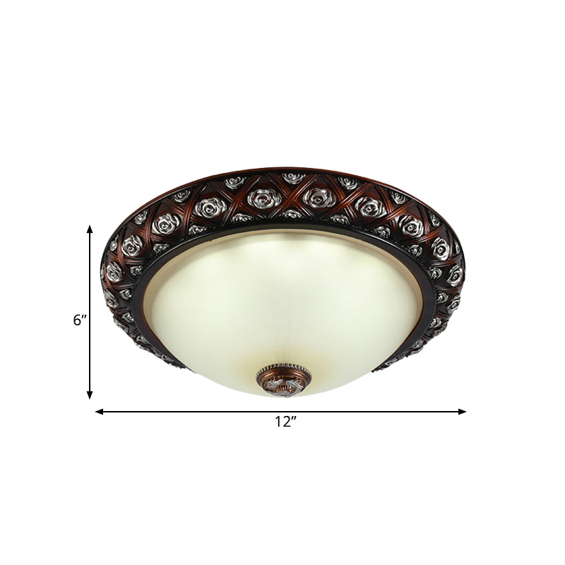 Rustic Bowl White Glass Flush Mount Lamp With Rose Pattern Trim - 2/3 - Bulb Light Fixture