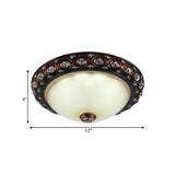 Rustic Bowl White Glass Flush Mount Lamp With Rose Pattern Trim - 2/3-Bulb Light Fixture (12/15.5 W)