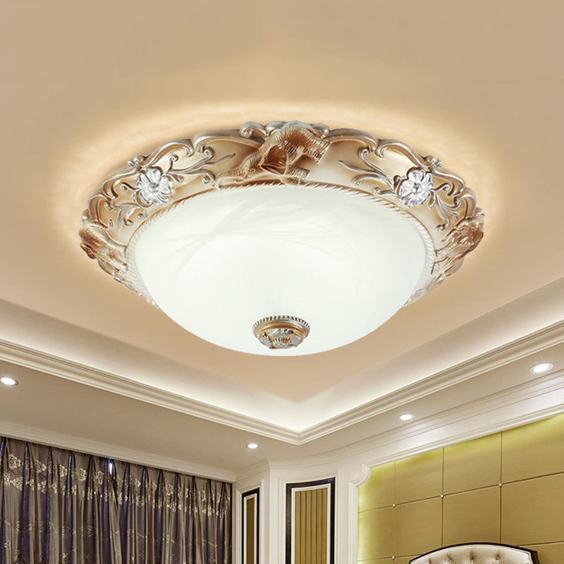 Rustic White Glass Bowl Flush Mount Light With Carved Edge - 2/3 Bulbs 13’/17’ Wide / 13’