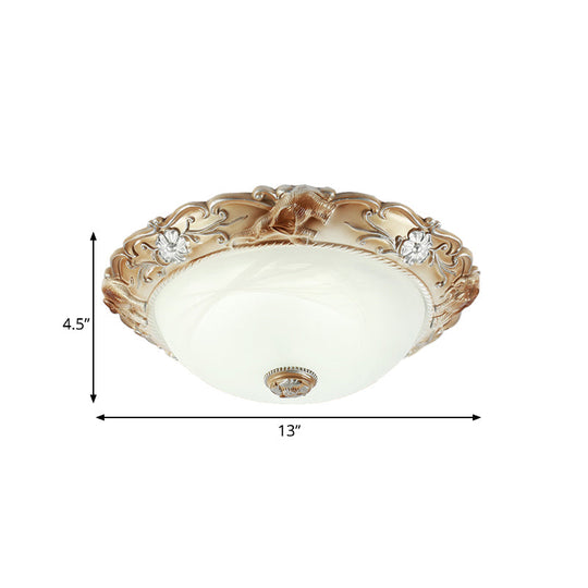Rustic White Glass Bowl Flush Mount Light With Carved Edge - 2/3 Bulbs 13/17 Wide