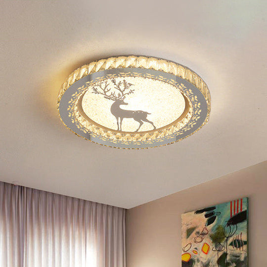 Simplicity Etched Deer/Flower Led Flushmount Light: Rectangular-Cut Crystal Ceiling Mount In Nickel