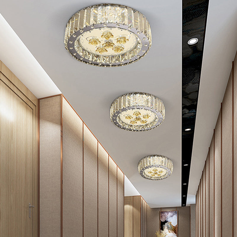 Led Drum Shade Crystal Ceiling Lamp With Flush Mount Spotlight In Nickel Finish