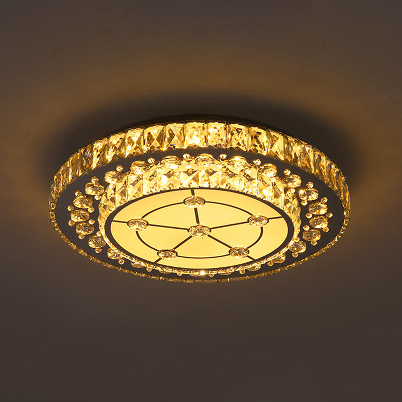 Round Crystal Block Led Flush Mount Ceiling Light In Nickel Finish For Simple Bedroom Style
