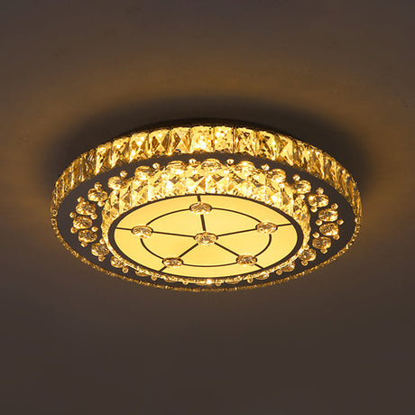 Round Crystal Block Led Flush Mount Ceiling Light In Nickel Finish For Simple Bedroom Style