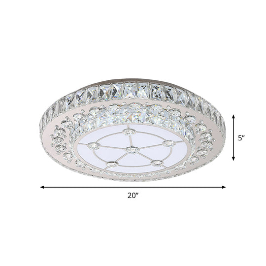 Round Crystal Block Led Flush Mount Ceiling Light In Nickel Finish For Simple Bedroom Style