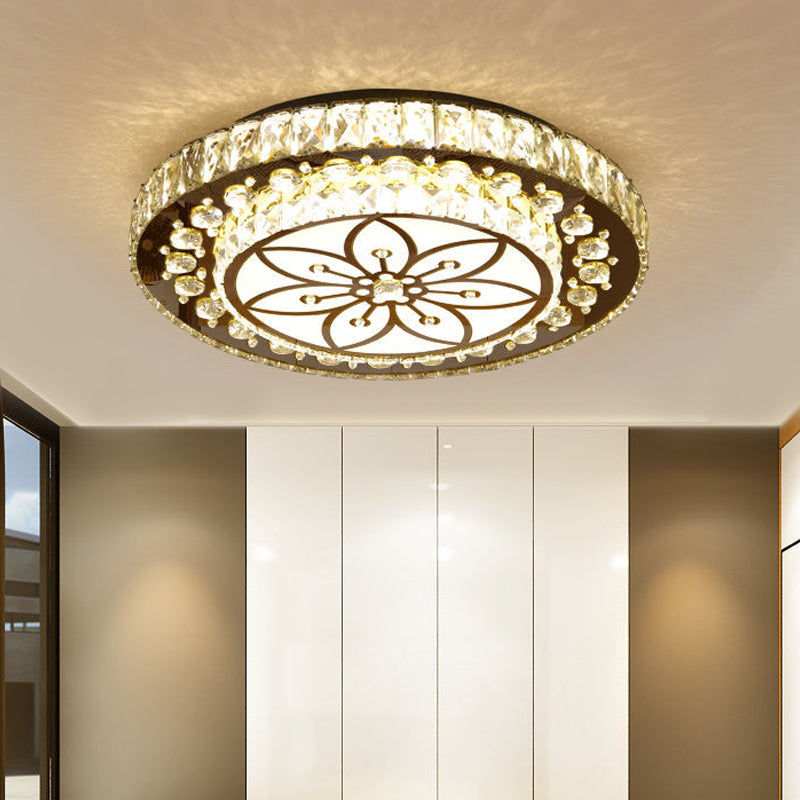 Led Crystal Flower Ceiling Light In Modern 2-Layered Round Flush Mount Design - Nickel