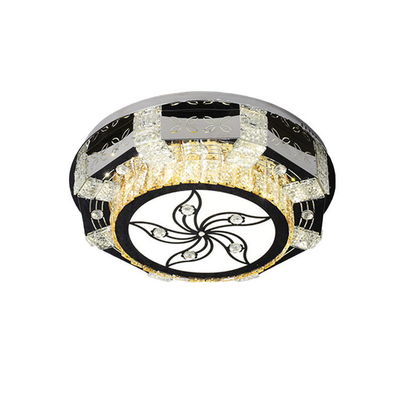 Modern Led Flush Mount Ceiling Light Fixture With Crystal Block Drum Shade In Nickel - Flower/Four