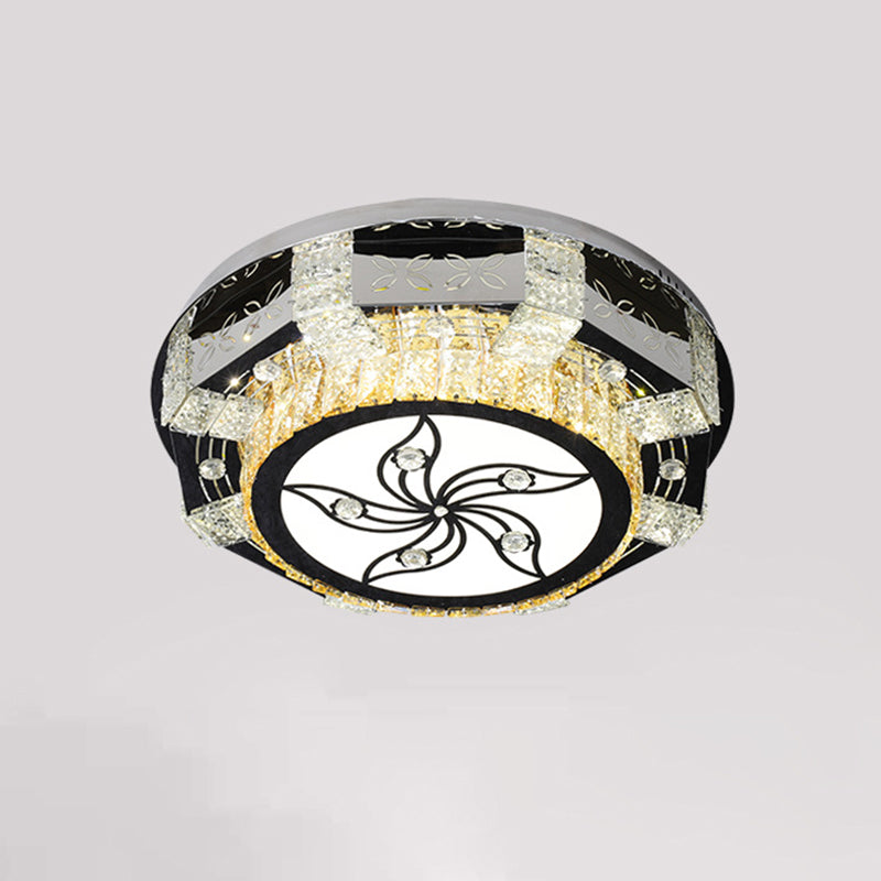 Modern Led Flush Mount Ceiling Light Fixture With Crystal Block Drum Shade In Nickel -